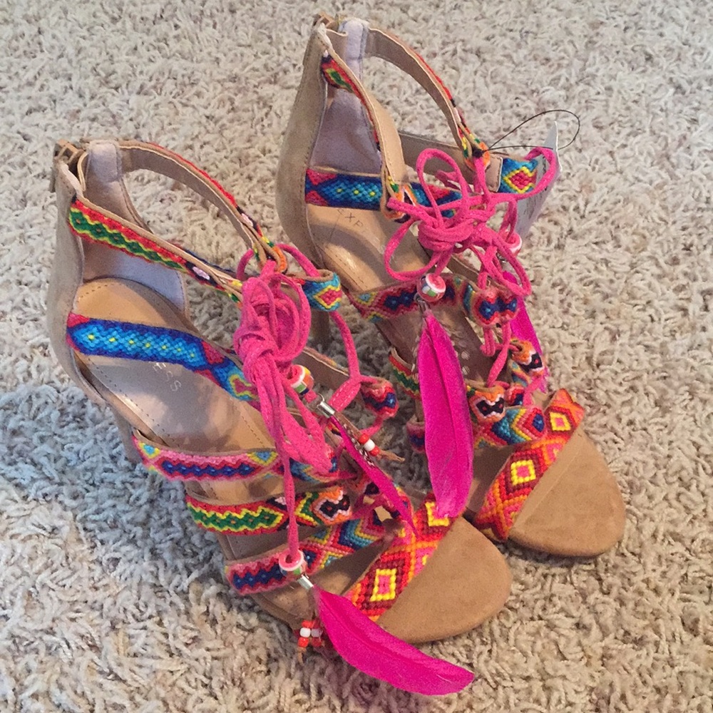 Express Aztec Feather Front Lace Up Heels